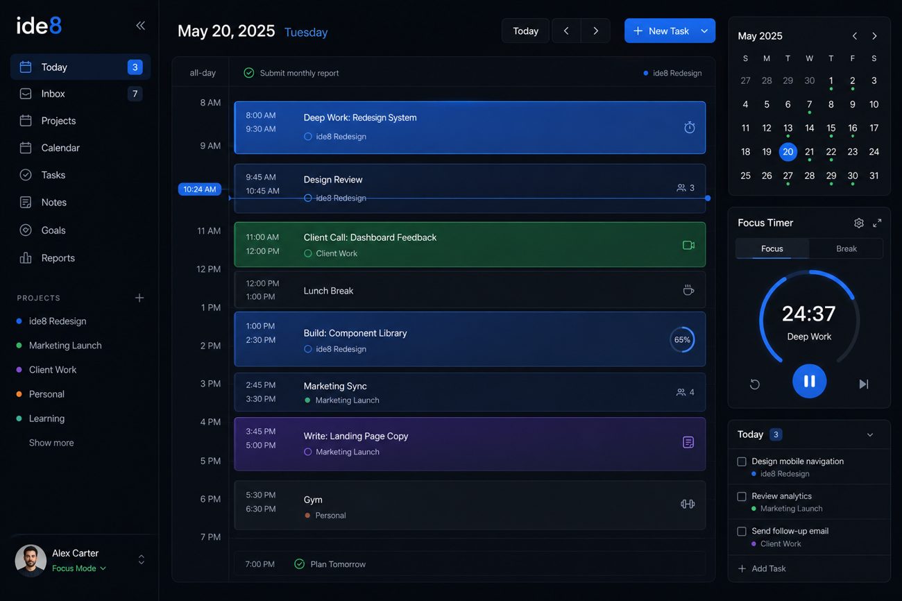 ide8 daily timeline view with time-blocked tasks and focus timer